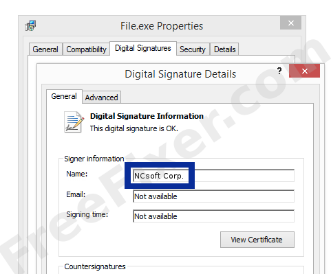 Screenshot of the NCsoft Corp. certificate